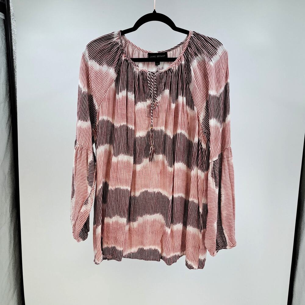 Lane Bryant Blouse Top Plus 16 Striped Balloon Sleeve Tassel Tie Neck Boho‎ Pink